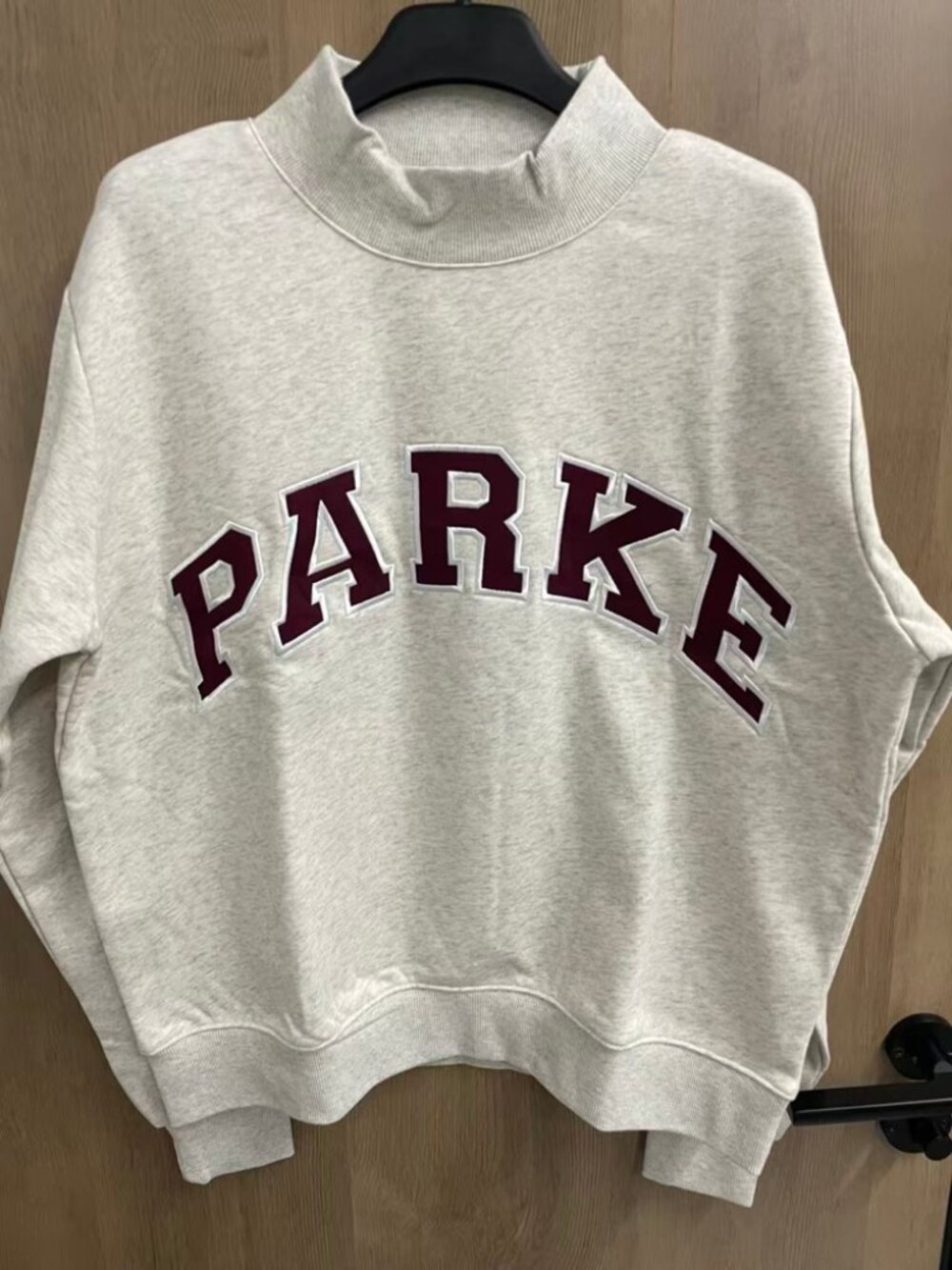 PARKE Mock Neck Sweatshirt Heather Gray Burgundy Varsity Letter Patch